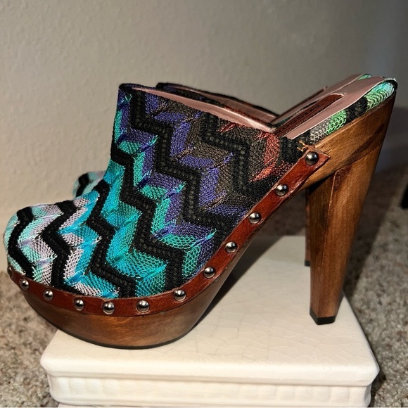 MISSONI Women’s ZigZag Black Blue Purple Fabric Leather Clogs Made in Italy 7.5 - Picture 2 of 16